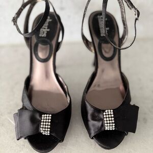 Charles by Charles David Black Satin Bow Peep-Toe Heels with Rhinestone Accent